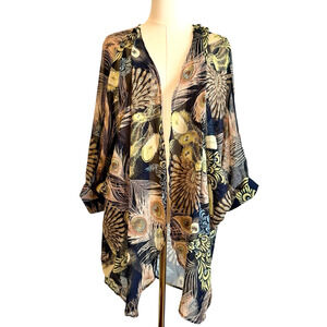 Asian Peacock Kimono Open Jacket Sz XL Sheer Boho Duster Festival Forrest Fairy